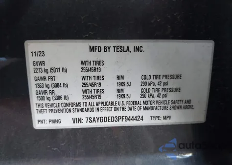 2023 Tesla Model Y Rwd из США, поврежденный, VIN 7SAYGDED3PF944424